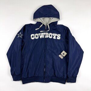 New Dallas Cowboys Windbreaker Jacket Mens XL Blue Gray NFL Hooded Reversible NW